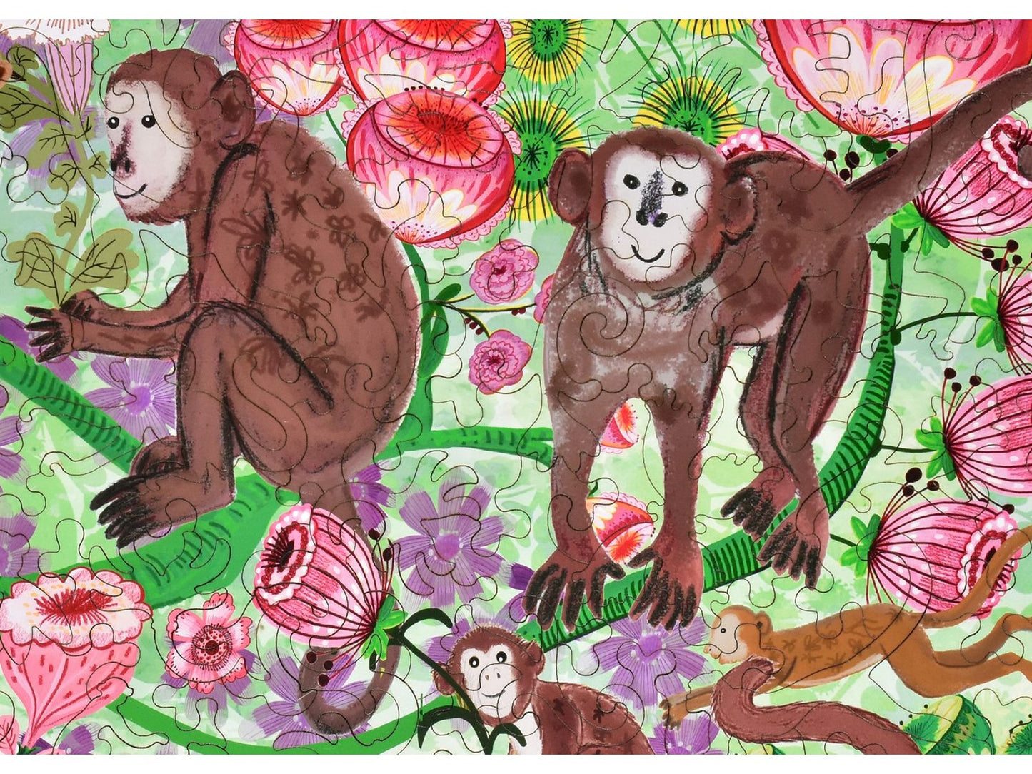 A closeup of the front of the puzzle, Monkeys, showing the detail in the pieces.