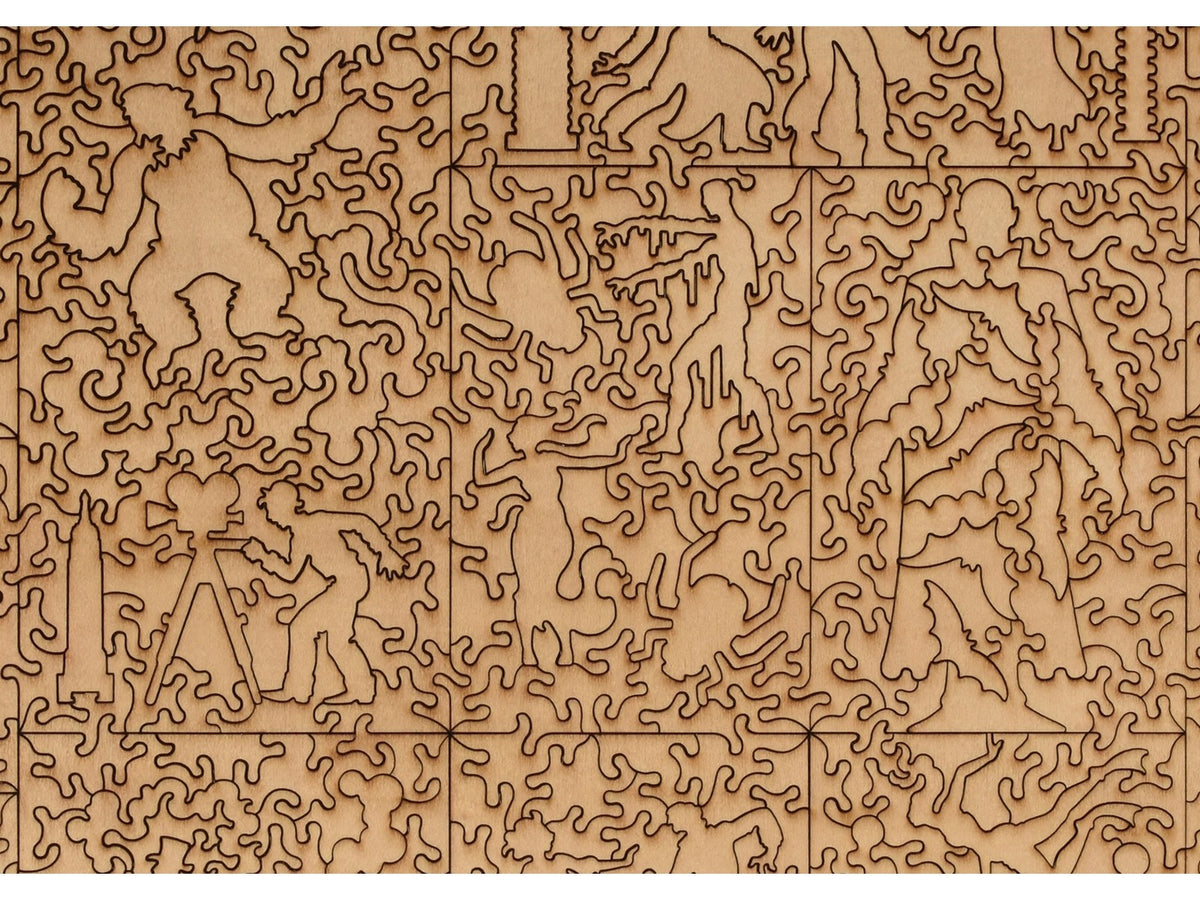 A closeup of the back of the puzzle, Monster Mash, showing the detail in the pieces.