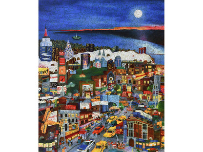 The front of the puzzle, Moonlight Over Manhattan, which shows a night scene in New York City.