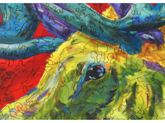 A closeup of the front of the puzzle, Troublesome Moose, showing the detail in the pieces.