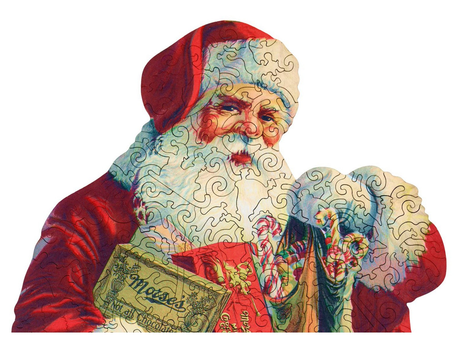 A closeup of the front of the puzzle, Morse's Santa Claus, showing the detail in the pieces.