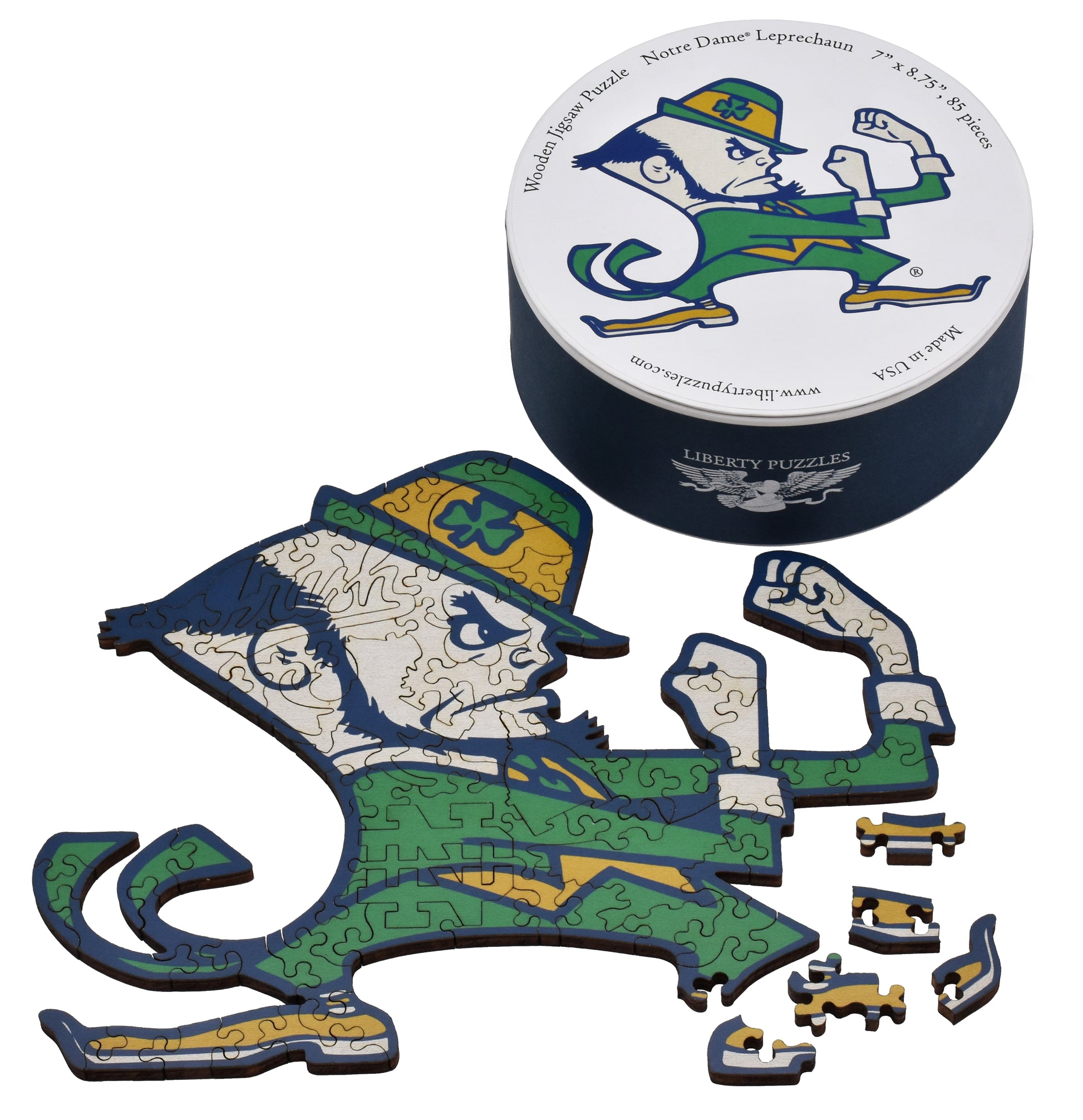 The puzzle, Notre Dame Leprechaun, with the box that it comes in.