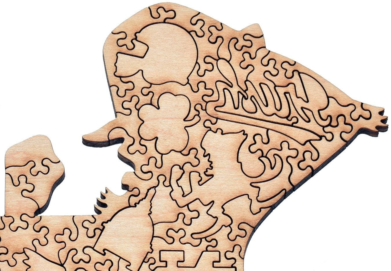A closeup of the back of the puzzle, Notre Dame Leprechaun, showing the detail in the pieces.