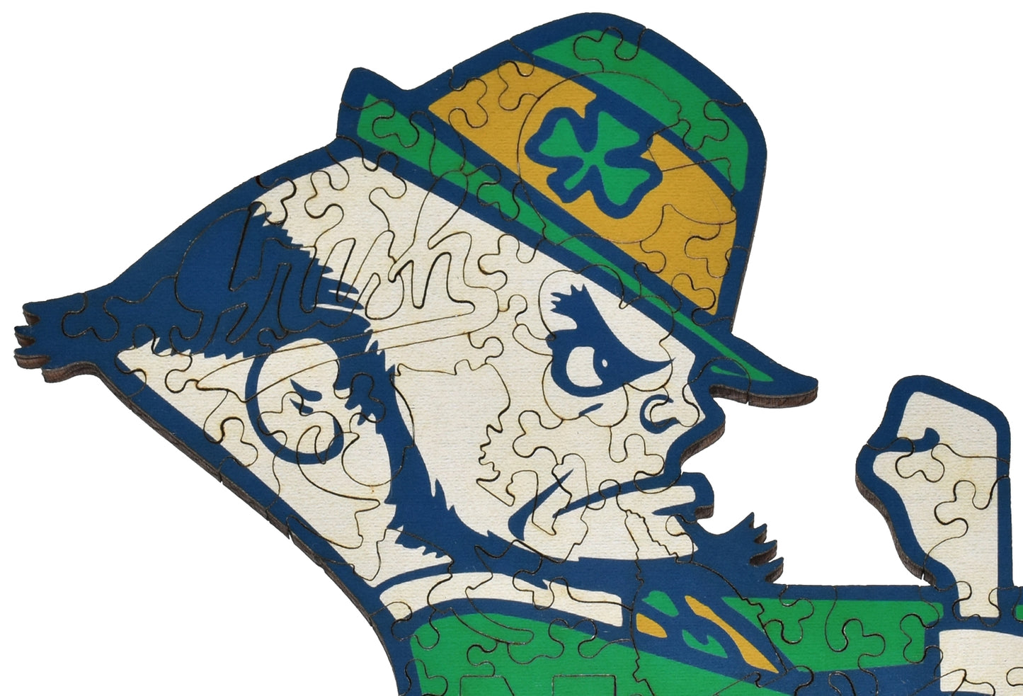 A closeup of the front of the puzzle, Notre Dame Leprechaun, showing the detail in the pieces.