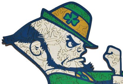 A closeup of the front of the puzzle, Notre Dame Leprechaun, showing the detail in the pieces.