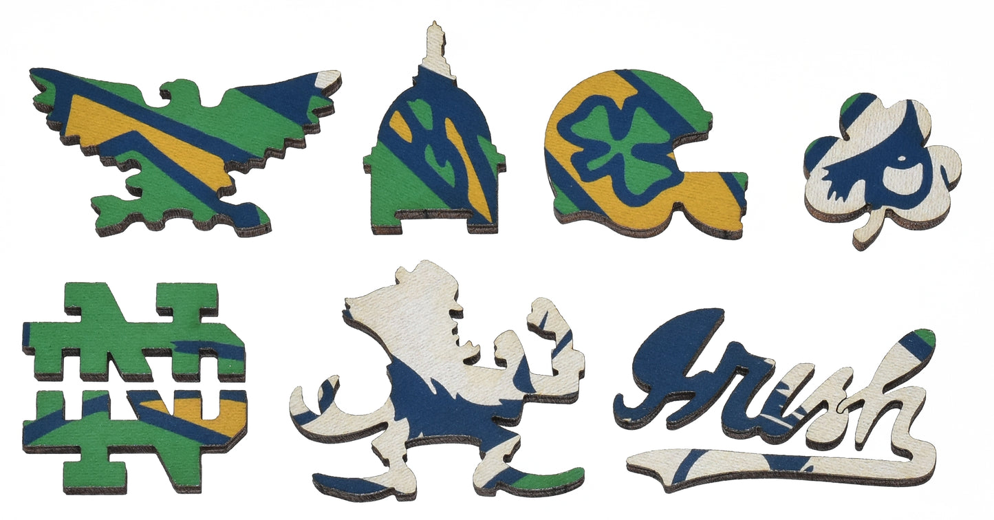 The whimsy pieces that can be found in the puzzle, Notre Dame Leprechaun.