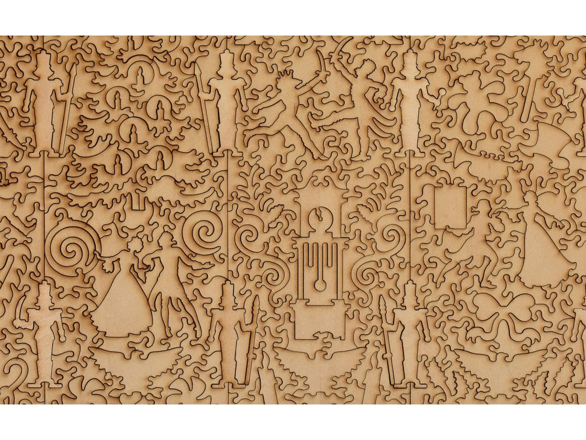 A closeup of the back of the puzzle, Nutcrackers, showing the detail in the pieces.