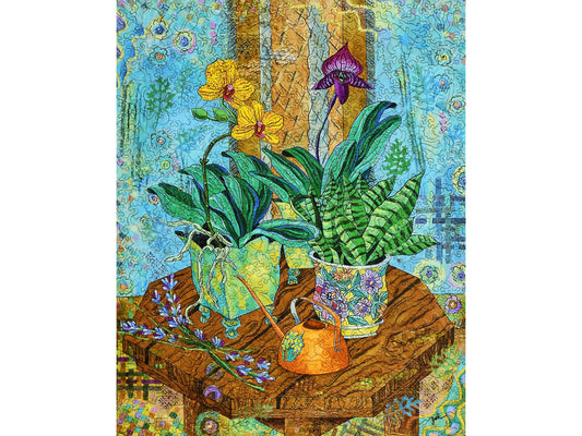 The front of the puzzle, Orchids in East Window, picturing three colorful potted plants including yellow and purple orchids, on a wooden table. 