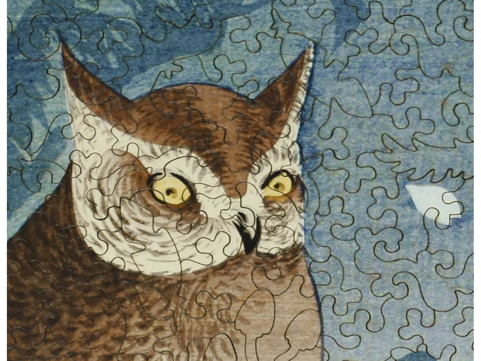 A closeup of the front of the puzzle, Owl and Cherry Branch, showing the detail in the pieces.