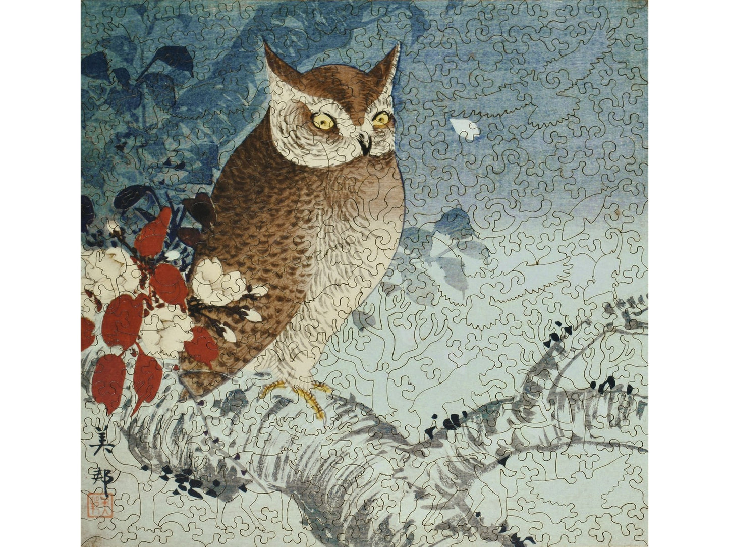 The front of the puzzle, Owl and Cherry Branch, which shows an owl sitting on the branch of a tree.