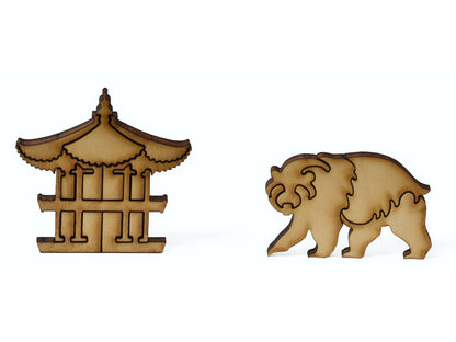 A closeup of pieces showing a pagoda and a panda.