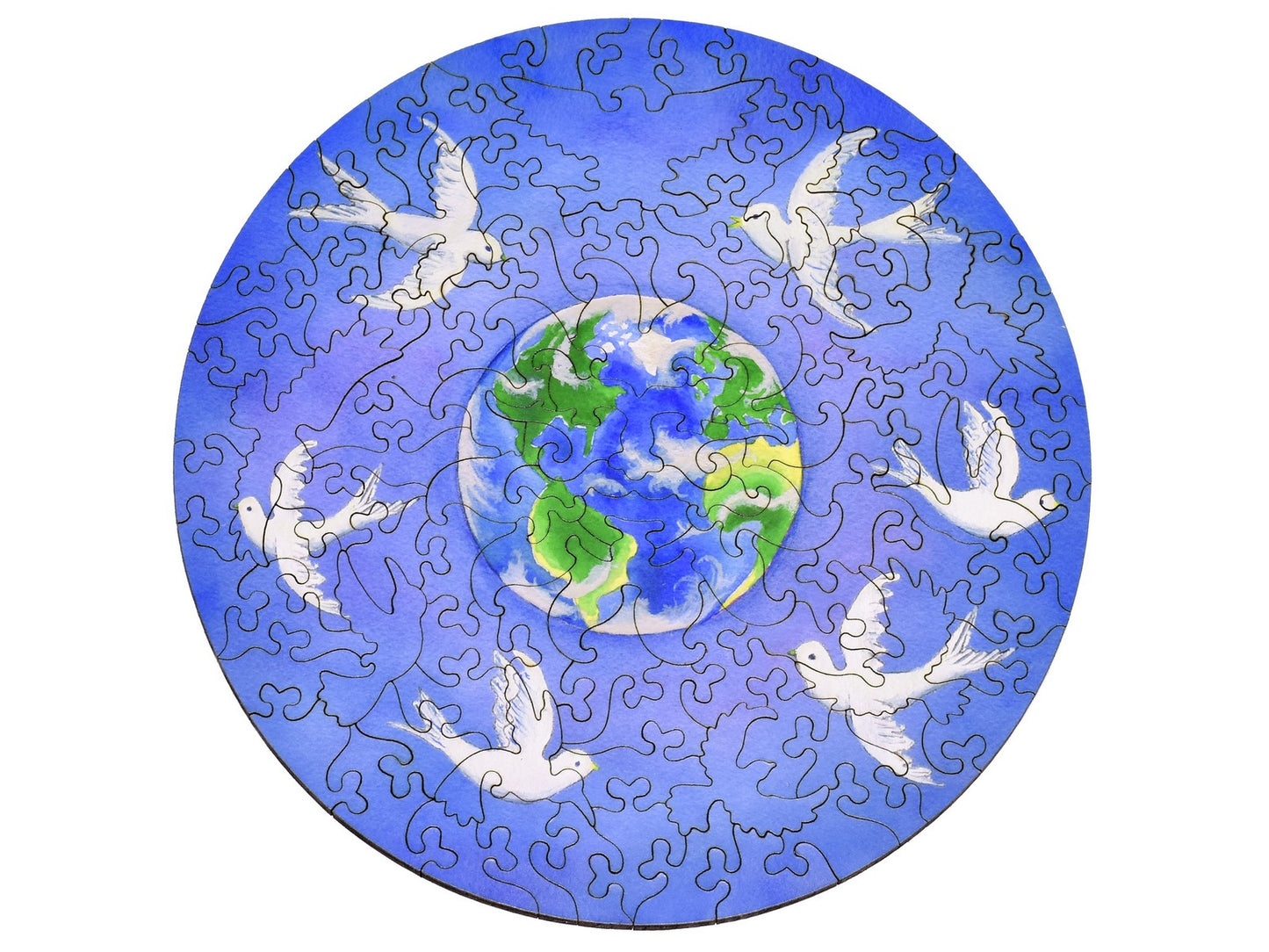 The front of the puzzle, Peace on Earth, a small round puzzle with the earth and doves.