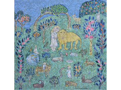 The front of the puzzle, Peaceful Kingdom, with whimsical animals.