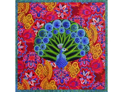 The front of the puzzle, Peacock and Pattern, which shows a peacock surrounded by brightly colored flowers.