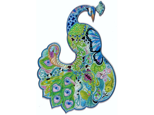 The front of the puzzle, Peacock, which shows colorful line drawings of different plants and animals in the shape of a peacock.