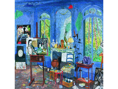 The front of the puzzle, Picasso's Studio, which shows an artist's studio, painted blue.