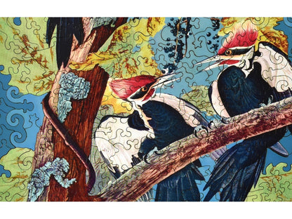 A closeup of the front of the puzzle, Pileated Woodpecker, showing the detail in the pieces.