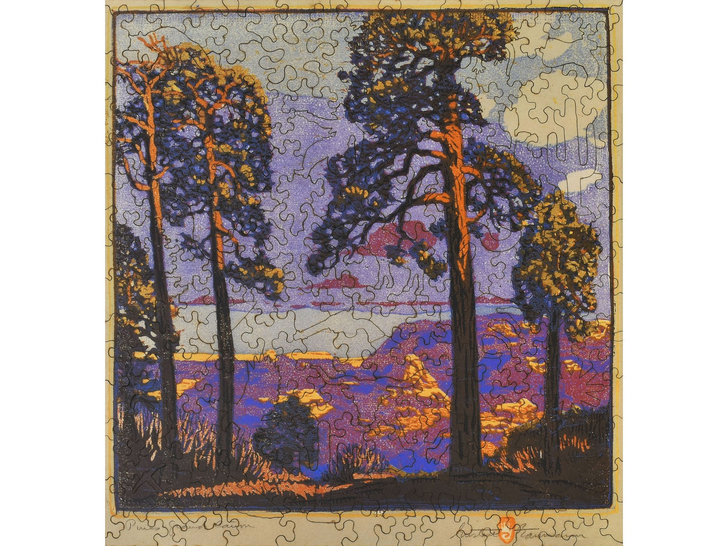 The front of the puzzle, Pines - Grand Canyon, which shows some pine trees at the rim of the grand canyon.