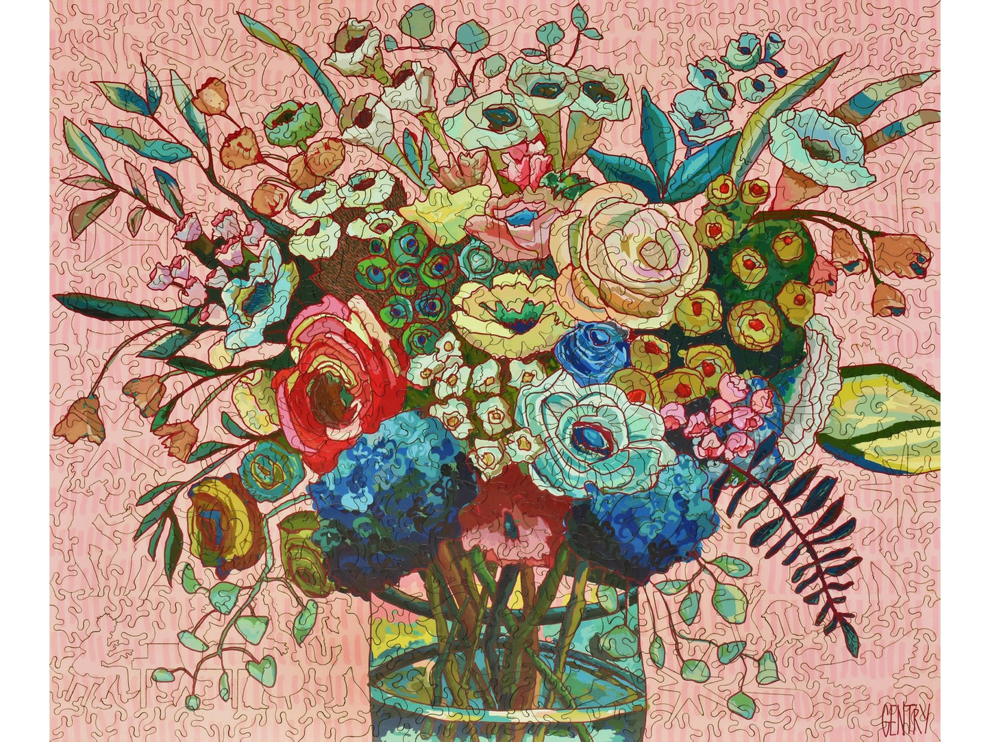 The front of the puzzle, Pink Martini, showing a floral arrangement on a pink background.