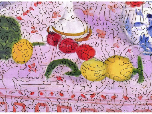 A closeup of the front of the puzzle, The Pink Tablecloth.