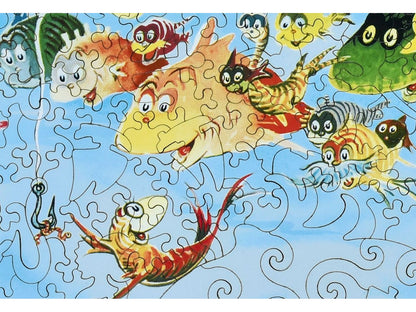 A closeup of the front of the puzzle, A Plethora of Fish, showing the detail in the pieces.