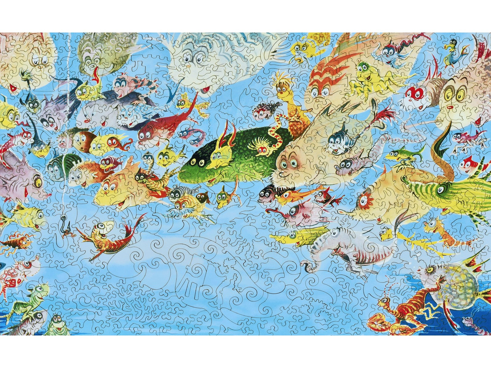 The front of the puzzle, A Plethora of Fish, which shows many fish crowding around a hook with a worm.