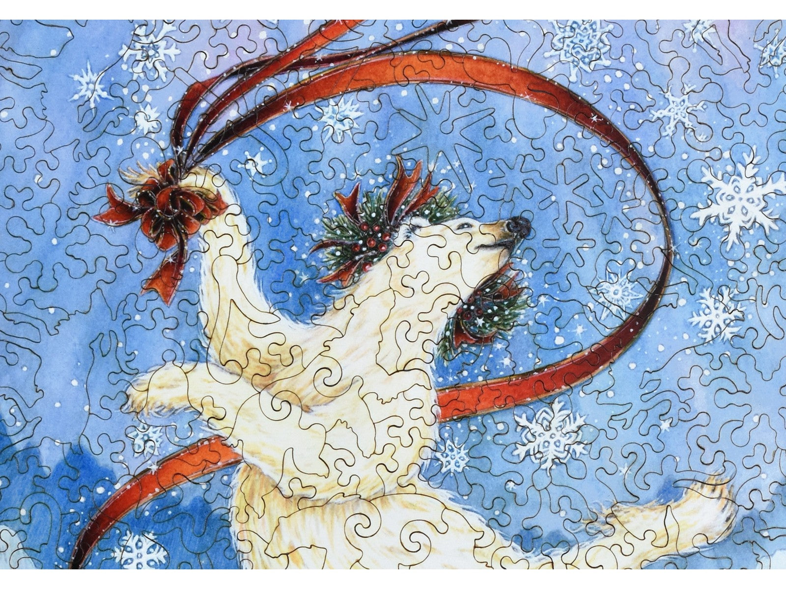 A closeup of the front of the puzzle, Polar Ribbon Dance, showing the detail in the pieces.