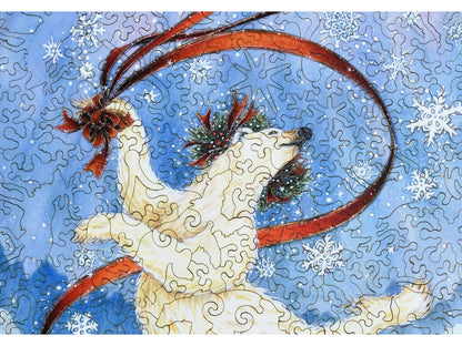 A closeup of the front of the puzzle, Polar Ribbon Dance, showing the detail in the pieces.