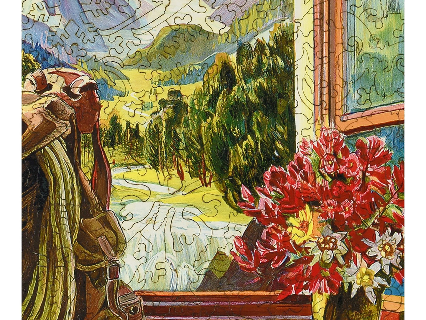 A closeup of the front of the puzzle, Pontresina Travel Poster, showing the detail in the pieces.