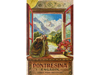 The front of the puzzle, Pontresina Travel Poster, with a backpack sitting in an open window overlooking the mountains.