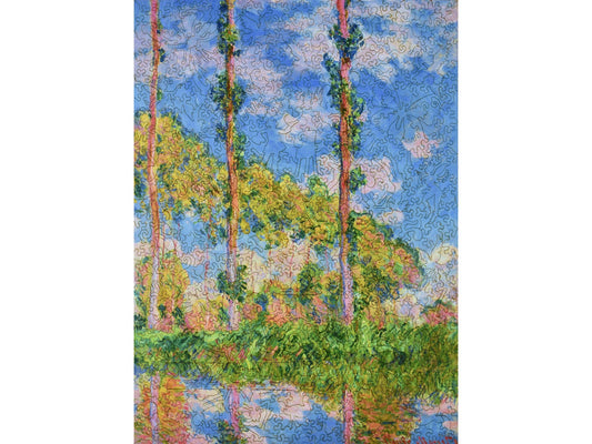 The front of the puzzle, Poplars in the Sun, which shows trees against a blue sky.