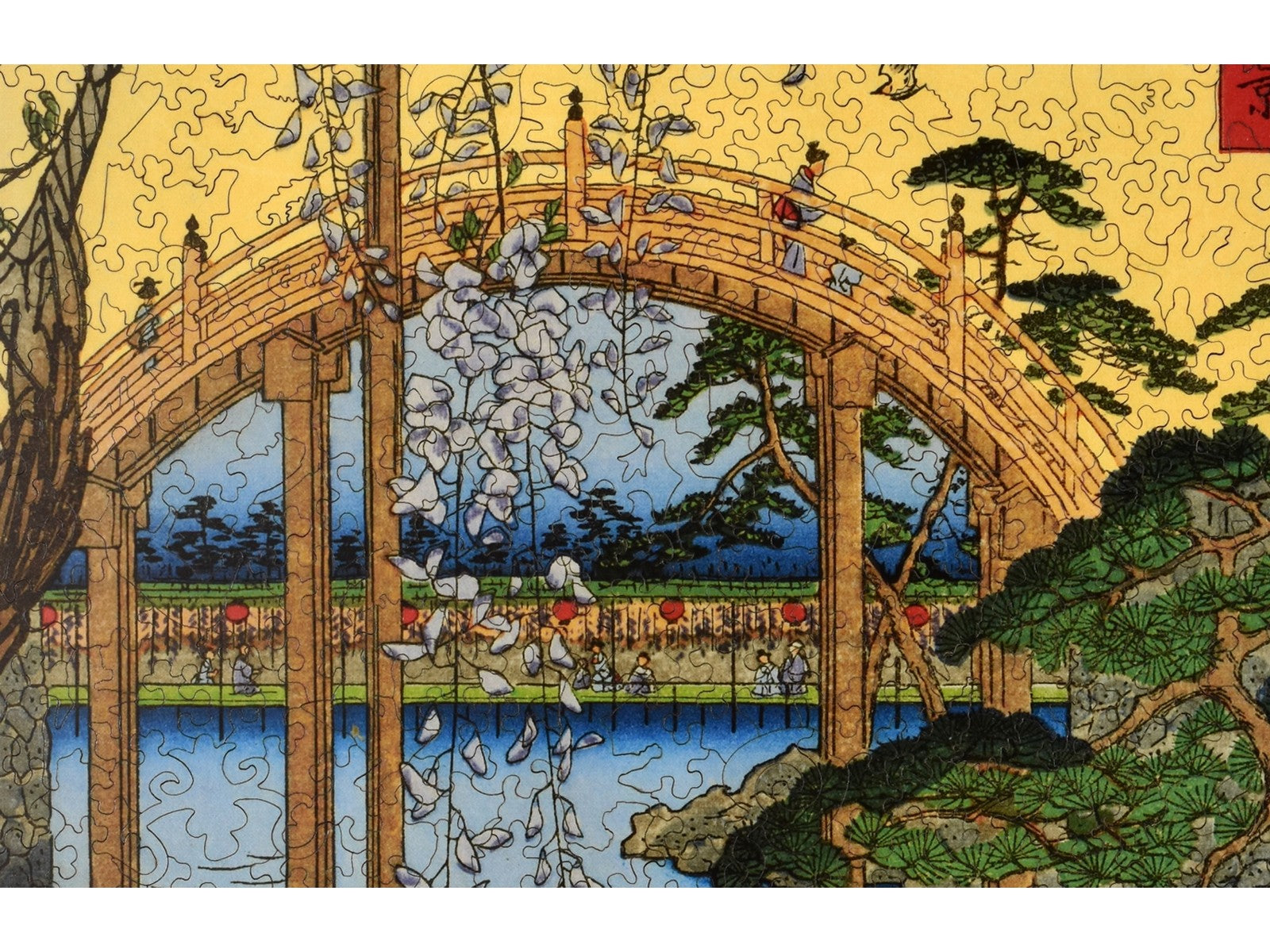 A closeup of the front of the puzzle, Precincts of the Tenjin Shrine at Kameido, showing the detail in the pieces.
