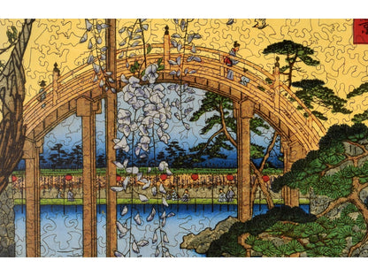 A closeup of the front of the puzzle, Precincts of the Tenjin Shrine at Kameido, showing the detail in the pieces.