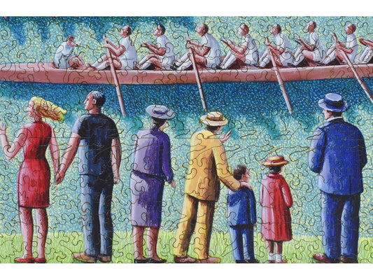 A closeup of the front of the puzzle, Regatta, showing the detail in the pieces.