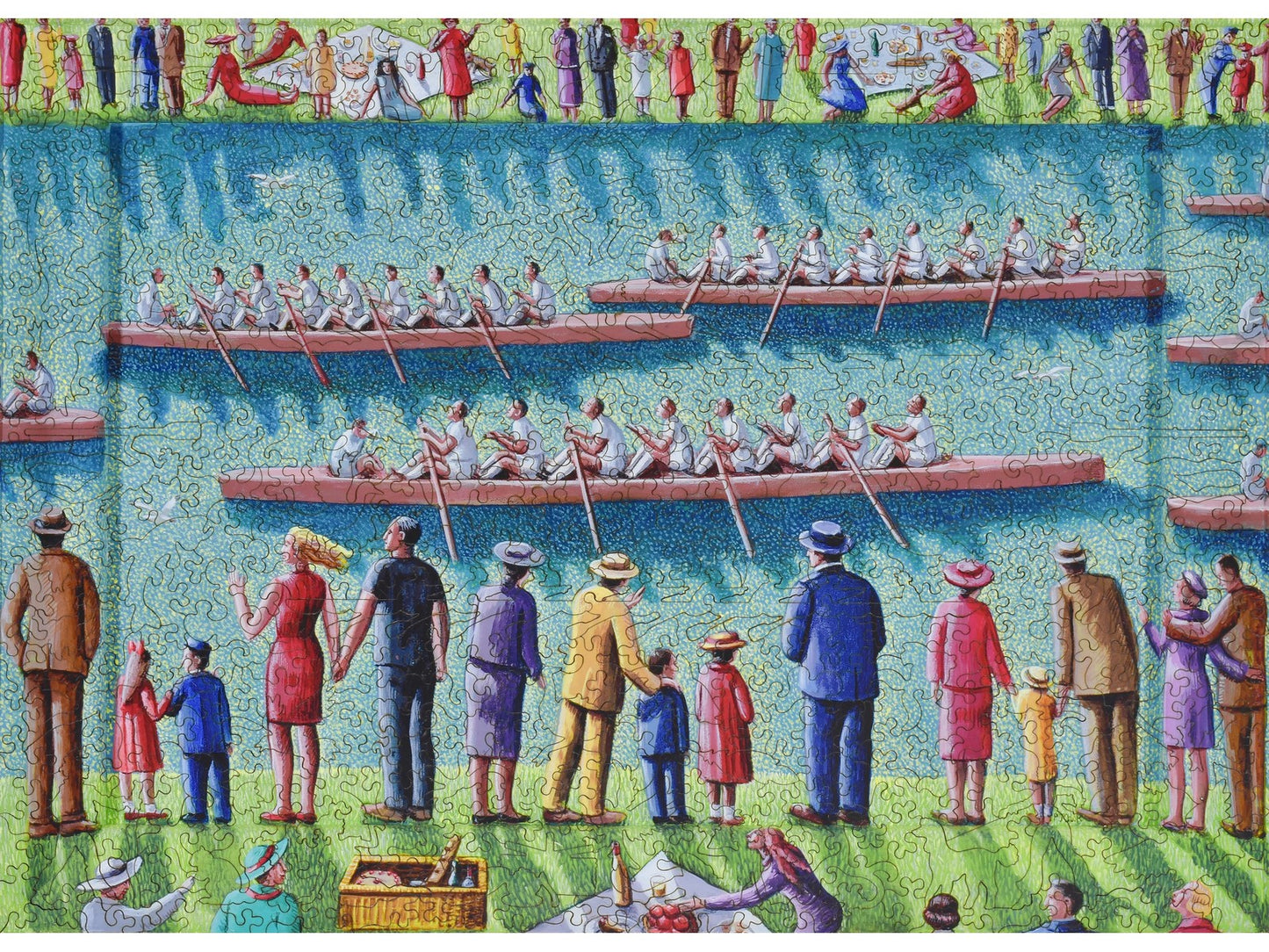 The front of the puzzle, Regatta, with people watching a rowing race.
