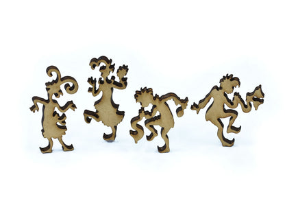 A closeup of pieces in the shape of people dancing.