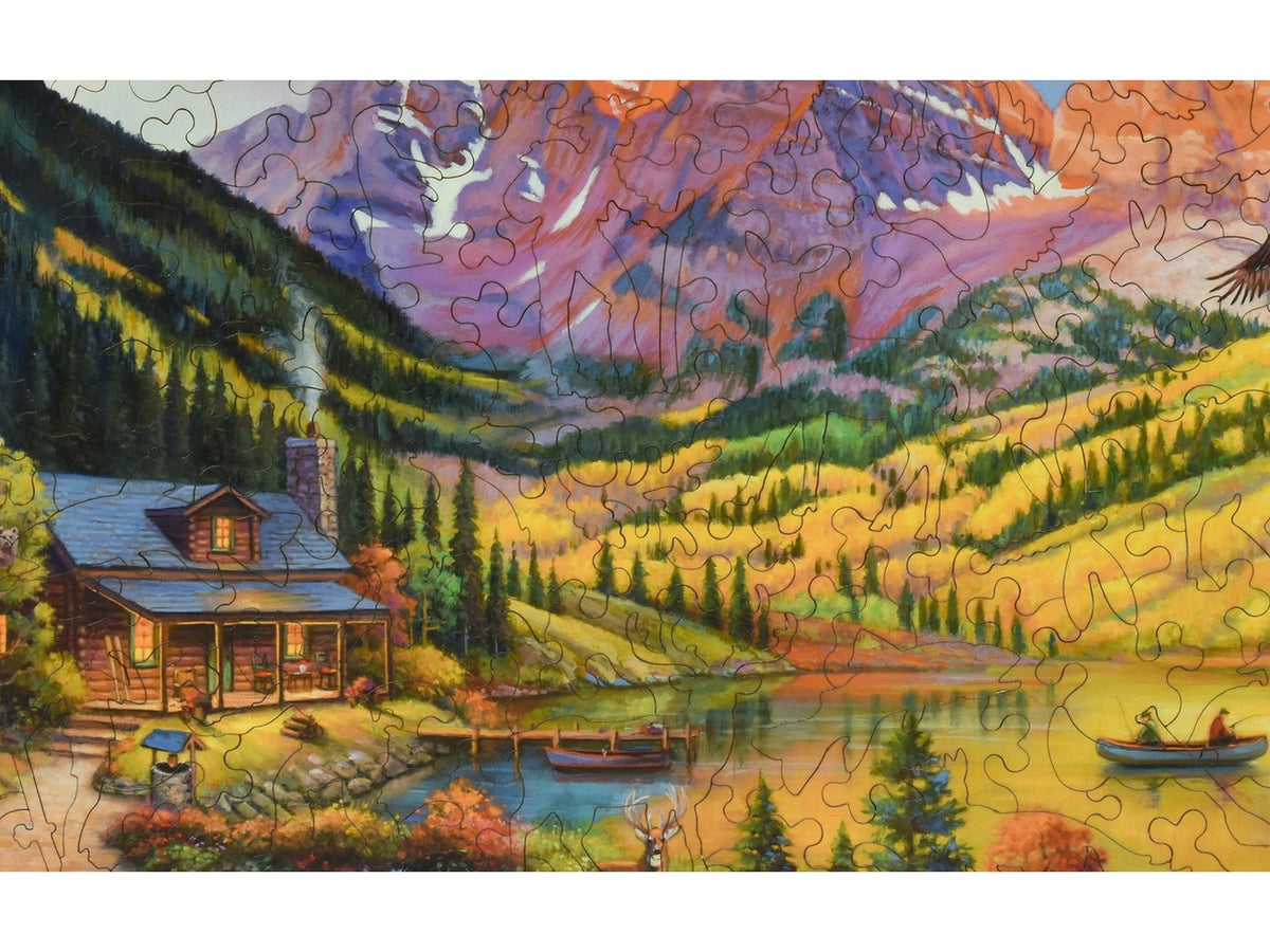 A closeup of the front of the puzzle, Rocky Mountain Retreat, showing the detail in the pieces.