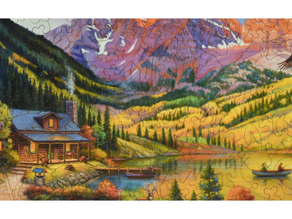 A closeup of the front of the puzzle, Rocky Mountain Retreat, showing the detail in the pieces.