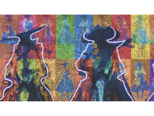 A closeup of the front of the puzzle, Rompecabezas, showing the detail in the pieces.