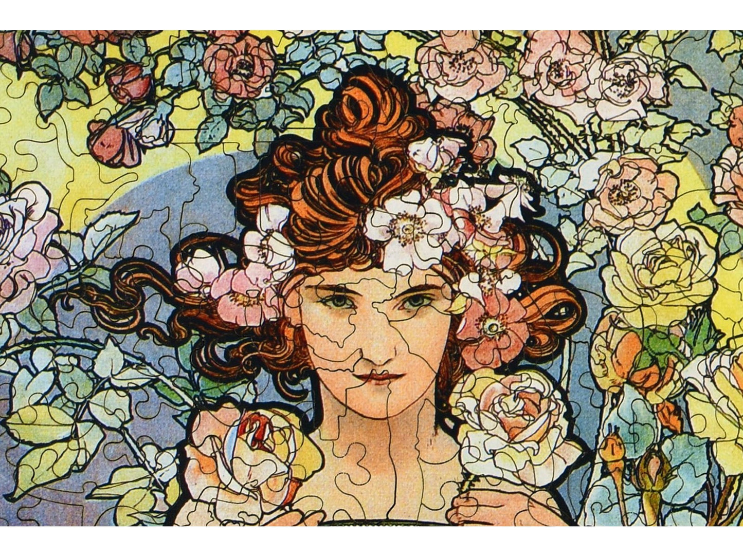 A closeup of the front of the puzzle, Rose Mucha.