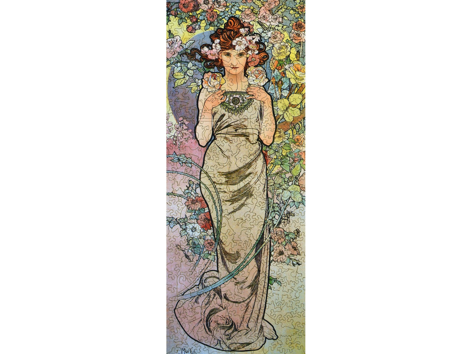 The front of the puzzle, Rose Mucha, which shows a woman surrounded by roses.