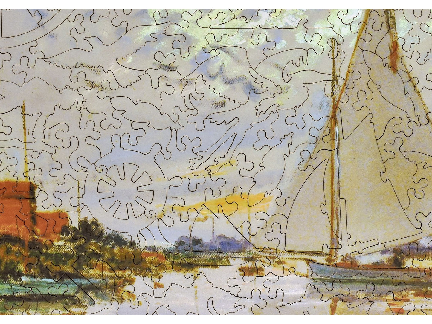 A closeup of the front of the puzzle of Monet's Sailboat at Le Petit Gennevilliers.