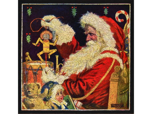 The front of the puzzle, Santa Claus Preparing for His Annual Visit, which shows Santa testing out toys.