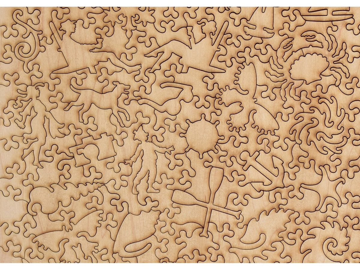 A closeup of the back of the puzzle, Sea Cottage, showing the detail in the pieces.