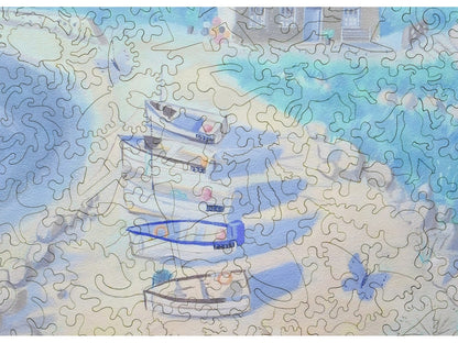 A closeup of the front of the puzzle, Sea Cottage, showing the detail in the pieces.