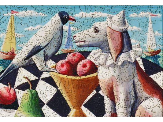 A closeup of the front of the puzzle, Sea Dog, showing the detail in the pieces.