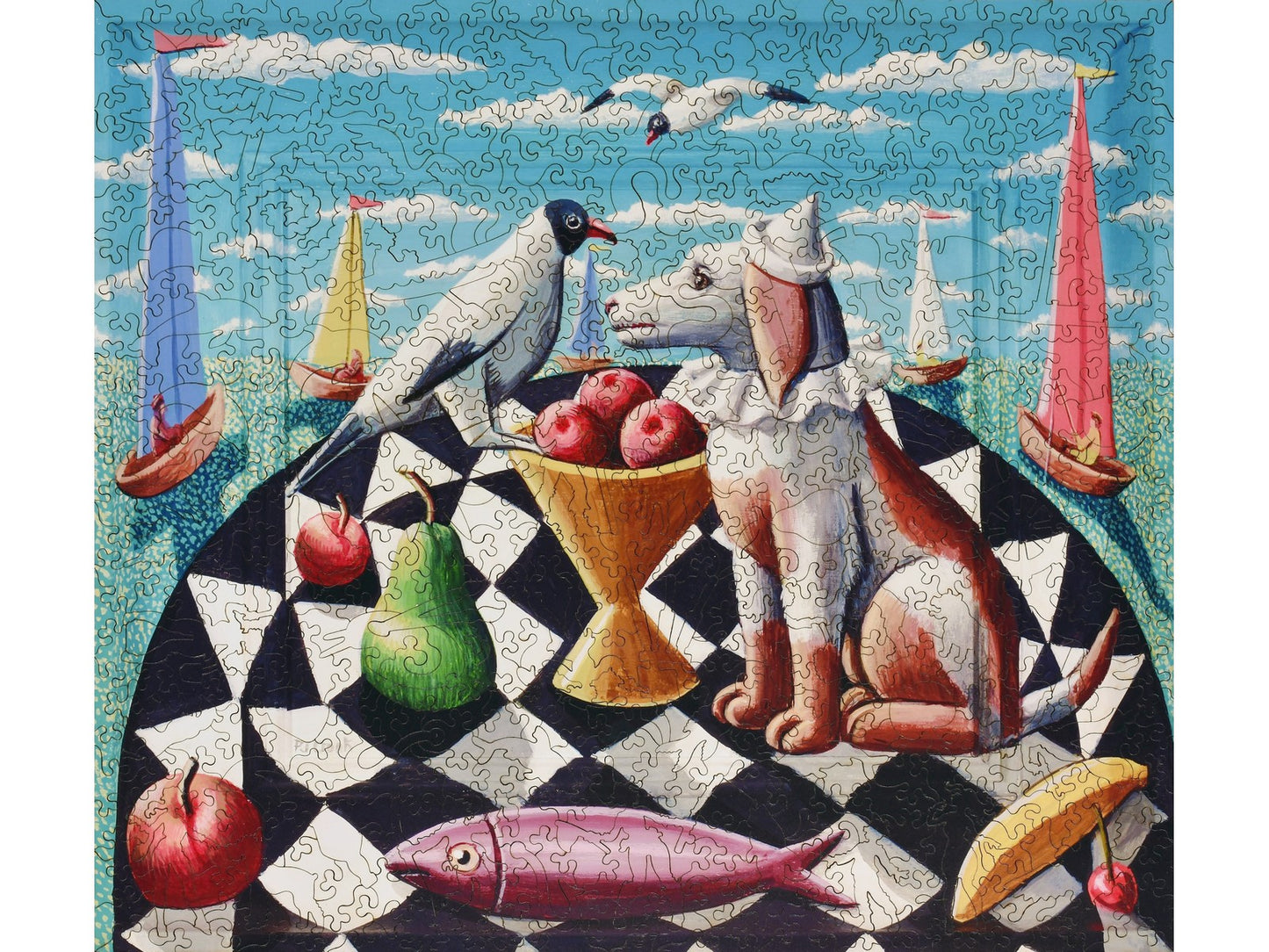 The front of the puzzle, Sea Dog, with a dog sitting on a checkerboard table with a fish and a bird.