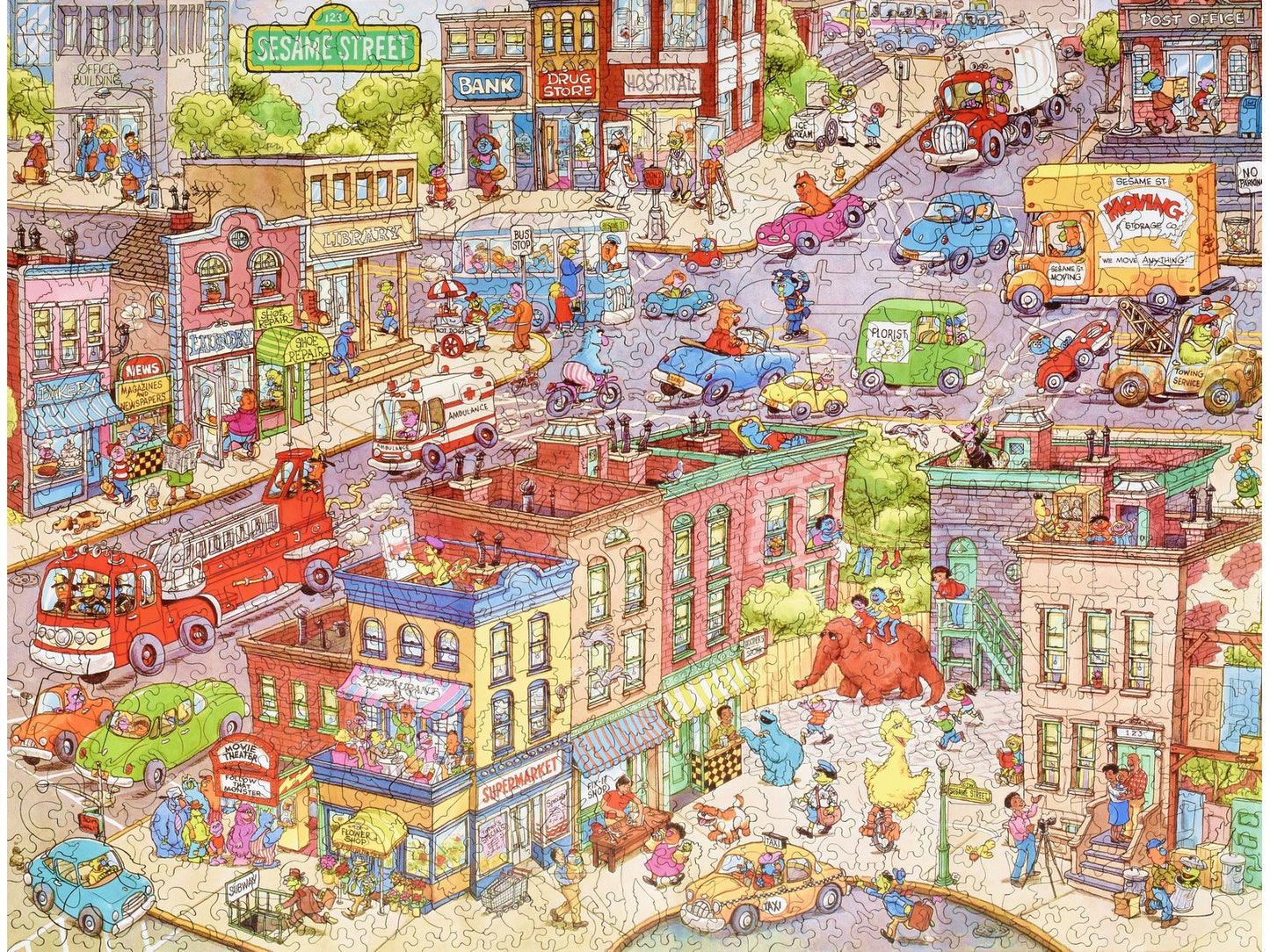 The front of the puzzle, Sesame Street in the City.