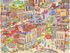The front of the puzzle, Sesame Street in the City.