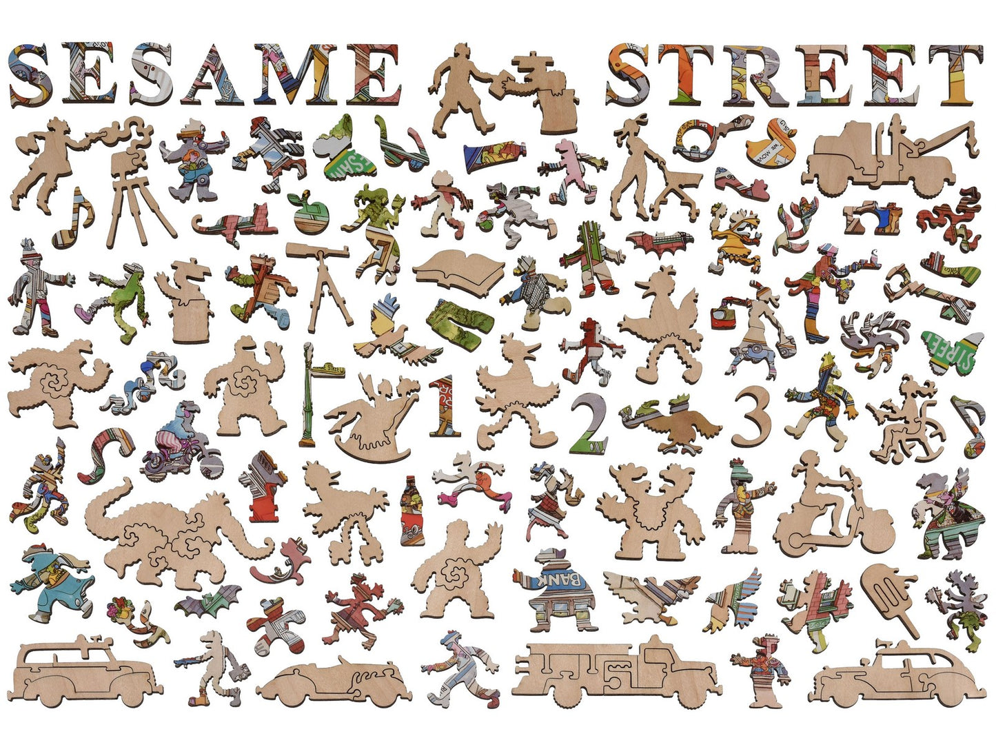 The whimsy pieces that can be found in the puzzle, Sesame Street in the City.